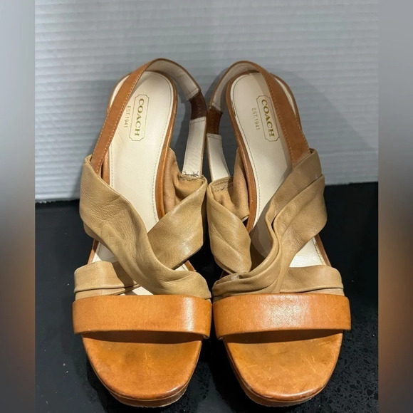 Coach Astor tan brown Leather Strappy Platform Heel slingback wedding party US8 - Picture 3 of 5